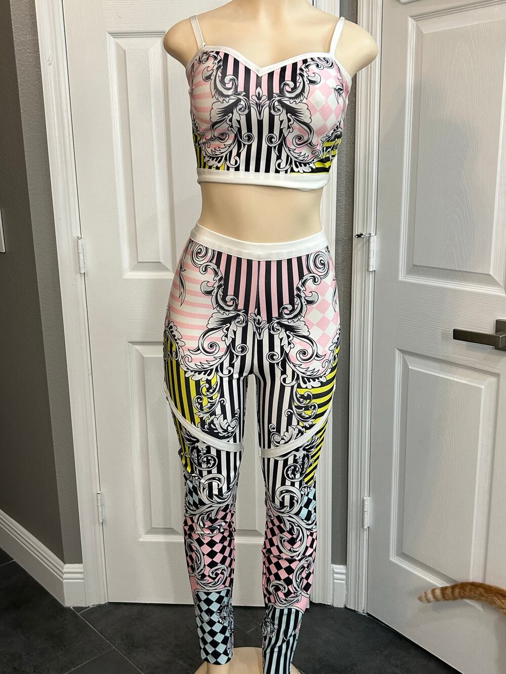 WOW Couture Two-Piece Printed Set | Crop Top & Pants | Y2K Graphic | Size S